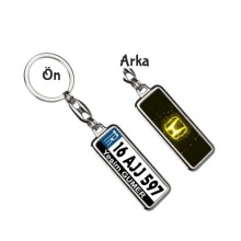 Kişiye Özel Honda  Neon Lights Sarı Logo Tema Plaka Anahtarlık - Gümüş Krom Kaplama