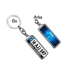 Kişiye Özel Tesla Neon Mavi Logo Tema Plaka Anahtarlık - Gümüş Krom Kaplama