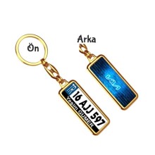 Kişiye Özel Kia Neon Mavi Logo Tema Plaka Anahtarlık - Altın Krom Kaplama