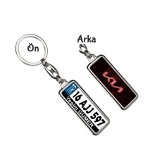 Kişiye Özel Kia Simli Kırmızı Logo Tema Plaka Anahtarlık - Gümüş Krom Kaplama