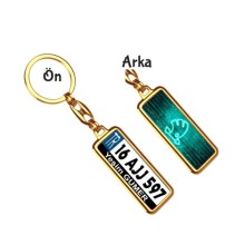 Kişiye Özel Skoda Neon Turkuaz Logo Tema Plaka Anahtarlık - Altın Krom Kaplama