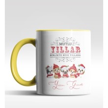 Kişiye Özel Mutlu Yıllar Minik Köpekler Tasarımlı Sarı Kupa