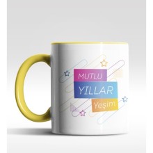 Kişiye Özel Mutlu Yıllar Yıldızlı Tasarımlı Sarı Kupa
