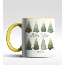 Kişiye Özel Mutlu Yıllar Çam Ağacı Tasarımlı Sarı Kupa
