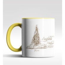 Kişiye Özel Sağlıklı Yıllar Çam Ağacı Tasarımlı Sarı Kupa