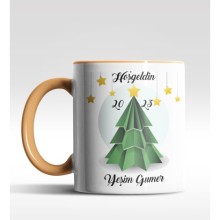 Kişiye Özel Hoş geldin 2022 Çam Ağacı Tasarımlı Turuncu Kupa