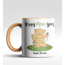 Kişiye Özel Happy Meow Year Kedi Tasarımlı Turuncu Kupa
