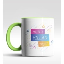 Kişiye Özel Mutlu Yıllar Yıldızlı Tasarımlı Yeşil Kupa