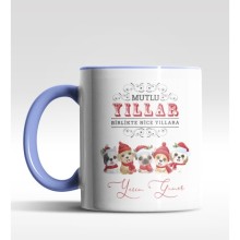 Kişiye Özel Mutlu Yıllar Minik Köpekler Tasarımlı Mavi Kupa