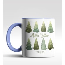 Kişiye Özel Mutlu Yıllar Çam Ağacı Tasarımlı Mavi Kupa