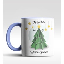 Kişiye Özel Hoş geldin 2022 Çam Ağacı Tasarımlı Mavi Kupa