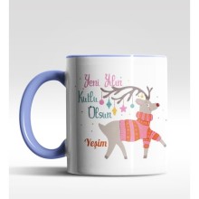 Kişiye Özel Yeni Yılın Kutlu Olsun Geyik Tasarımlı Mavi Kupa