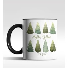 Kişiye Özel Mutlu Yıllar Çam Ağacı Tasarımlı Siyah Kupa