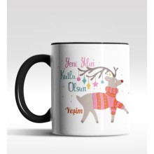 Kişiye Özel Yeni Yılın Kutlu Olsun Geyik Tasarımlı Siyah Kupa