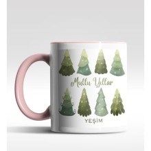 Kişiye Özel Mutlu Yıllar Çam Ağacı Tasarımlı Pembe Kupa