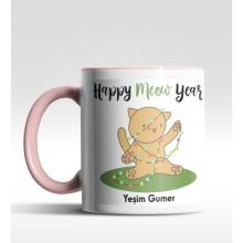 Kişiye Özel Happy Meow Year Kedi Tasarımlı Pembe Kupa