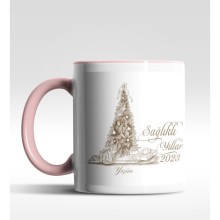 Kişiye Özel Sağlıklı Yıllar Çam Ağacı Tasarımlı Pembe Kupa