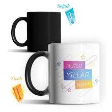 Kişiye Özel Mutlu Yıllar Yıldızlı Tasarımlı Sihirli Kupa