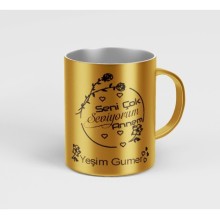 Kişiye Özel Seni Çok Seviyorum Annem Metalik Gümüş Kupa Bardak - Altın