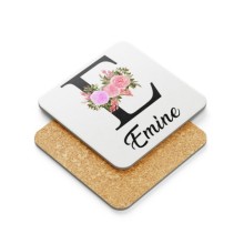 Kişiye Özel E Harfi Temalı Çiçekli Tasarım Metal Mantar Bardak Altlığı