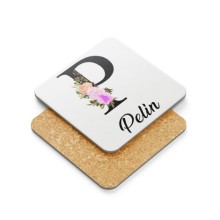 Kişiye Özel P Harfi Temalı Çiçekli Tasarım Metal Mantar Bardak Altlığı