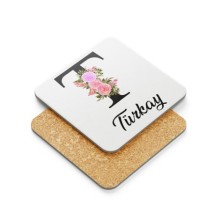 Kişiye Özel T Harfi Temalı Çiçekli Tasarım Metal Mantar Bardak Altlığı