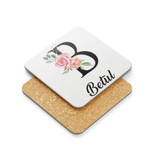 Kişiye Özel B Harfi Temalı Gül Tasarım Metal Mantar Bardak Altlığı