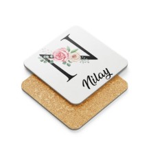 Kişiye Özel N Harfi Temalı Gül Tasarım Metal Mantar Bardak Altlığı