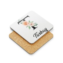 Kişiye Özel T Harfi Temalı Gül Tasarım Metal Mantar Bardak Altlığı