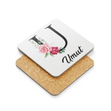 Kişiye Özel U Harfi Temalı Gül Tasarım Metal Mantar Bardak Altlığı