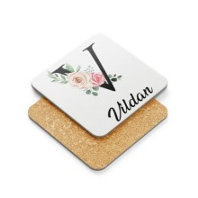 Kişiye Özel V Harfi Temalı Gül Tasarım Metal Mantar Bardak Altlığı