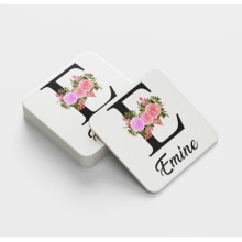 Kişiye Özel E Harfi Temalı Çiçekli Tasarım Cam Bardak Altlığı