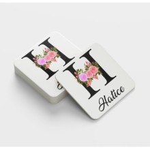 Kişiye Özel H Harfi Temalı Çiçekli Tasarım Cam Bardak Altlığı