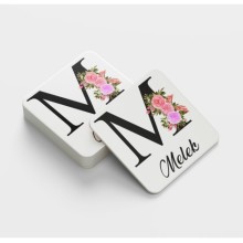 Kişiye Özel M Harfi Temalı Çiçekli Tasarım Cam Bardak Altlığı