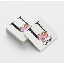 Kişiye Özel U Harfi Temalı Çiçekli Tasarım Cam Bardak Altlığı