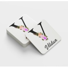 Kişiye Özel V Harfi Temalı Çiçekli Tasarım Cam Bardak Altlığı