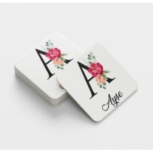 Kişiye Özel A Harfi Temalı Gül Tasarım Cam Bardak Altlığı