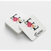 Kişiye Özel E Harfi Temalı Gül Tasarım Cam Bardak Altlığı