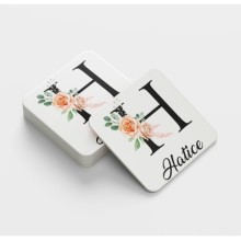 Kişiye Özel H Harfi Temalı Gül Tasarım Cam Bardak Altlığı