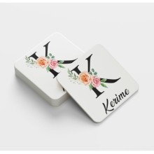 Kişiye Özel K Harfi Temalı Gül Tasarım Cam Bardak Altlığı