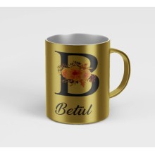 Kişiye Özel B Harfi Temalı Çiçekli Tasarım Metalik Gümüş Renk Kupa - Altın