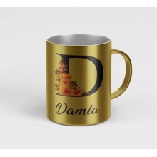 Kişiye Özel D Harfi Temalı Çiçekli Tasarım Metalik Gümüş Renk Kupa - Altın
