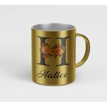 Kişiye Özel H Harfi Temalı Çiçekli Tasarım Metalik Gümüş Renk Kupa - Altın