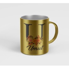 Kişiye Özel U Harfi Temalı Çiçekli Tasarım Metalik Gümüş Renk Kupa - Altın