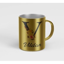 Kişiye Özel V Harfi Temalı Çiçekli Tasarım Metalik Gümüş Renk Kupa - Altın