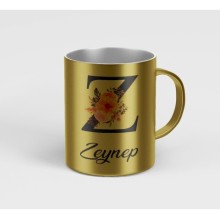 Kişiye Özel Z Harfi Temalı Çiçekli Tasarım Metalik Gümüş Renk Kupa - Altın