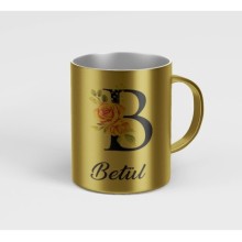 Kişiye Özel B Harfi Temalı Gül Tasarım Metalik Gümüş Renk Kupa - Altın