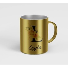 Kişiye Özel L Harfi Temalı Gül Tasarım Metalik Gümüş Renk Kupa - Altın