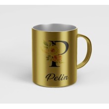 Kişiye Özel P Harfi Temalı Gül Tasarım Metalik Gümüş Renk Kupa - Altın