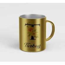 Kişiye Özel T Harfi Temalı Gül Tasarım Metalik Gümüş Renk Kupa - Altın